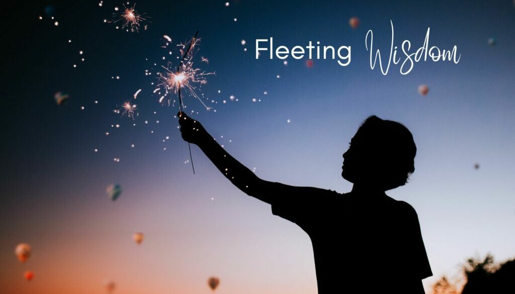 Sillouhette of a person holding a sparkler against a sunset background; Words say Fleeting Wisdom